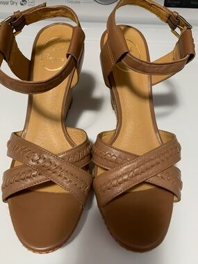 Jack Rogers Tan Leather Wedge Sandals with Braided Cross Straps